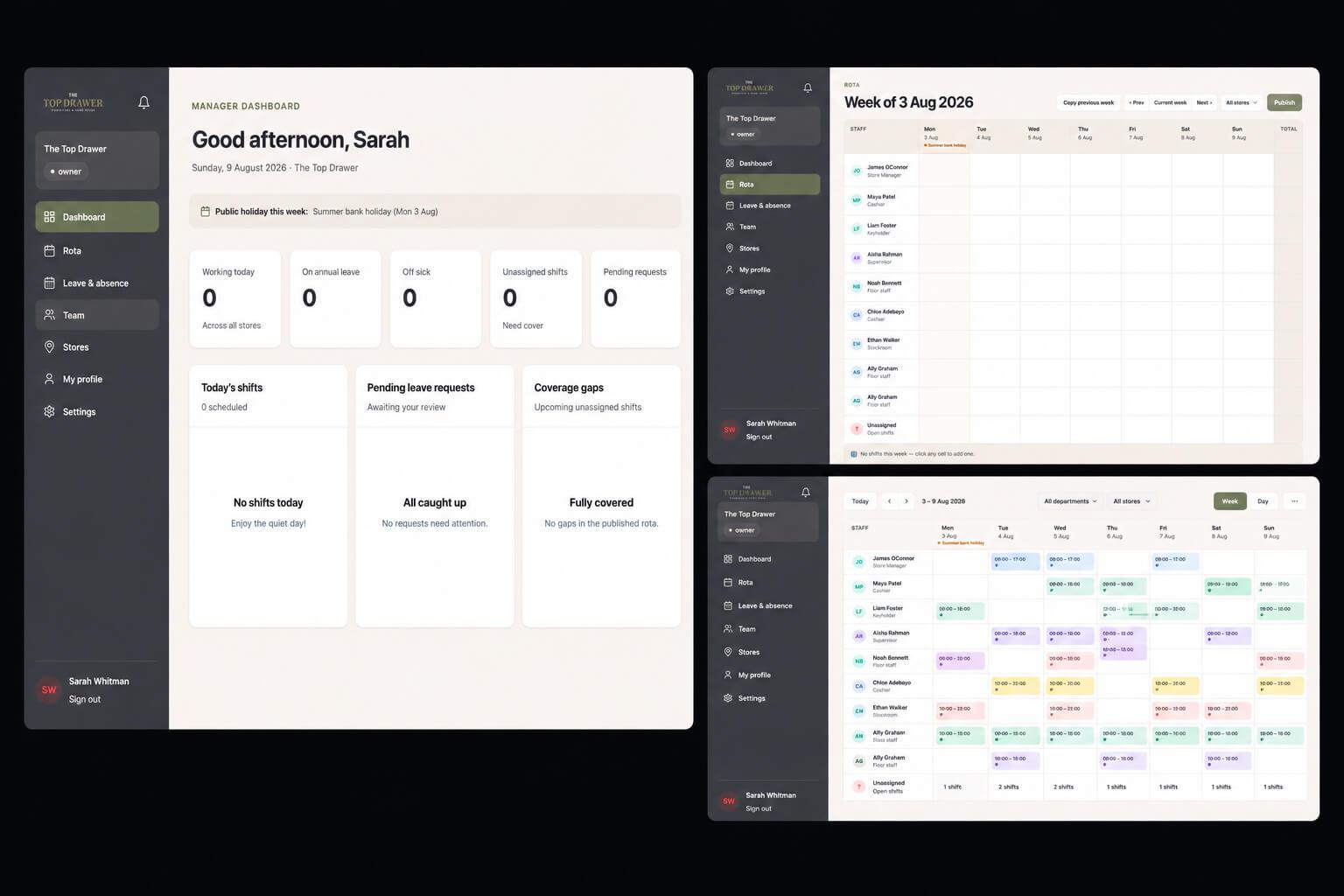 Workforce scheduling platform showcase featuring the manager dashboard, weekly rota and product landing page